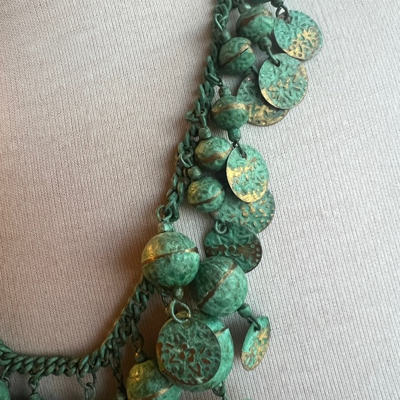 Bohemian Antique Brass Bell Turquoise and Gold Tone Necklace - Picture 4 of 5